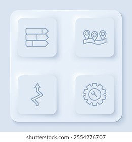 Set line Pie chart infographic, Location, Arrow and Wrench and gear. White square button. Vector