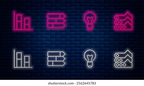 Set line Pie chart infographic, Light bulb, Graph, chart, diagram and . Glowing neon icon on brick wall. Vector