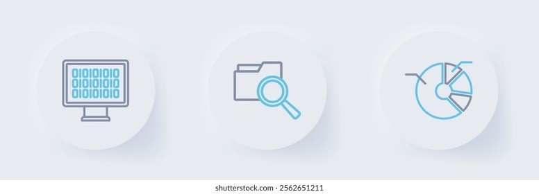Set line Pie chart infographic, Search with folder and Binary code icon. Vector
