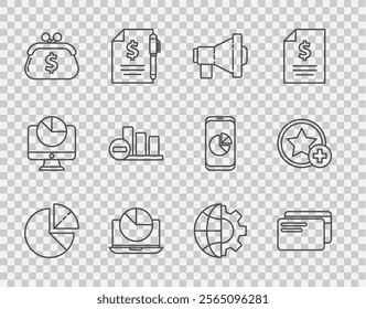 Set line Pie chart infographic, Credit card, Megaphone, Laptop with, Wallet dollar, Globe of the Earth and gear and Star icon. Vector - Powered by Shutterstock - Get 15% off with code: PIKWIZARD15