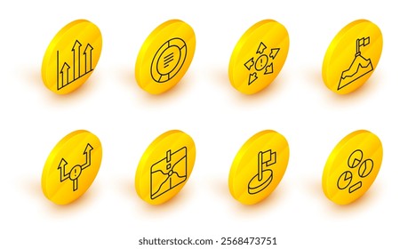 Set line Pie chart infographic, Flag, Intersection point, Arrow, Mountains with flag, Many ways directional arrow,  and  icon. Vector