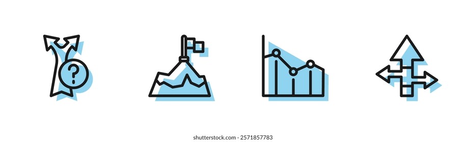 Set line Pie chart infographic, Arrow, Mountains with flag and  icon. Vector