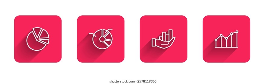 Set line Pie chart infographic,  and  with long shadow. Red square button. Vector