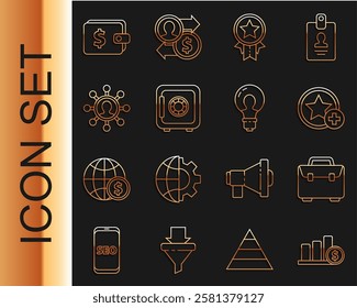Set line Pie chart infographic and dollar, Briefcase, Star, Medal with star, Safe, Business network communication, Wallet and Light bulb concept of idea icon. Vector