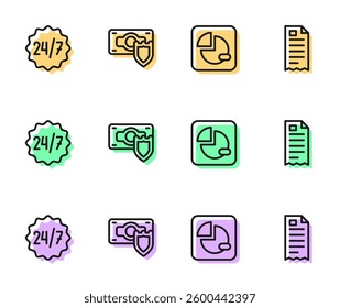 Set line Pie chart infographic, Clock 24 hours, Money with shield and Financial check icon. Vector