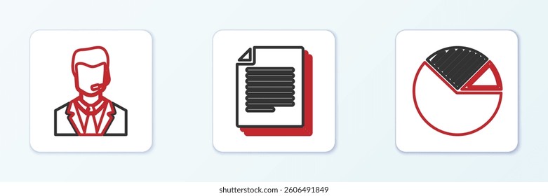 Set line Pie chart infographic, Man with headset and Document icon. Vector