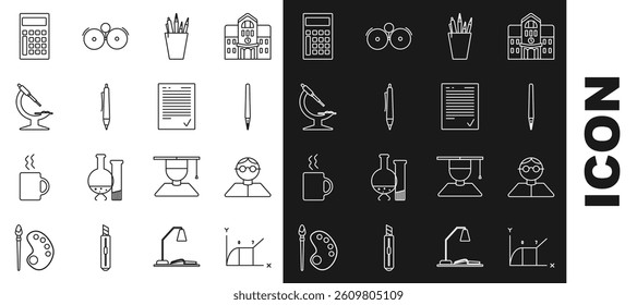 Set line Pie chart infographic, Student, Pen, Pencil case stationery, Microscope, Calculator and Exam sheet with check mark icon. Vector