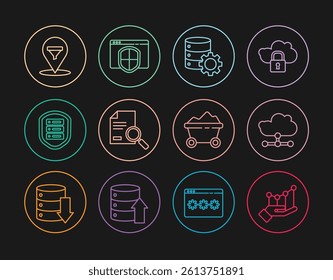 Set line Pie chart infographic, Network cloud connection, Server and gear, Document with search, shield, Location sales funnel, Coal mine trolley and Browser icon. Vector