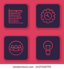 Set line Pie chart infographic, Project team base, Wrench and gear and Light bulb. Blue square button. Vector
