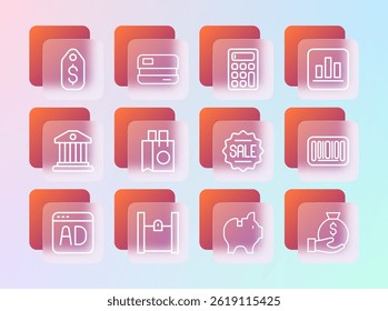 Set line Pie chart infographic, Paper shopping bag, Price tag with Sale, Piggy bank, Calculator, dollar and Credit card icon. Vector
