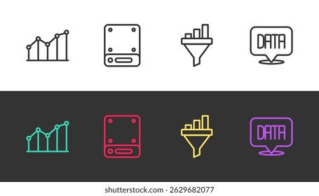 Set line Pie chart infographic, Server, Sales funnel with and Data analysis on black and white. Vector