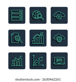 Set line Pie chart infographic, Financial growth, Data analysis, Cloud computing lock, Document with, Server and and shield icon. Vector