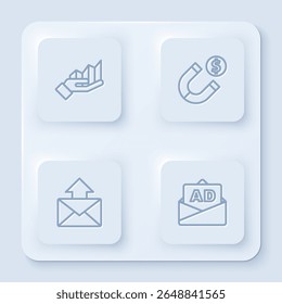 Set line Pie chart infographic, Magnet with money, Mail and e-mail and Advertising. White square button. Vector