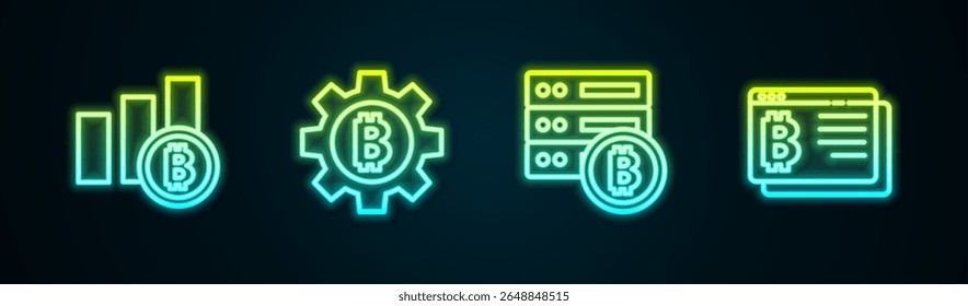 Definir linha gráfico de pizza bitcoin infográfico, Bitcoin criptomoeda, servidor e navegador. Ícone de néon brilhante. Vetor