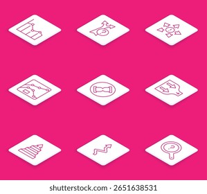 Set line Pie chart infographic, Arrow, Many ways directional arrow, Graph, chart, diagram, Old hourglass with sand, Pyramid infographics and  icon. Vector