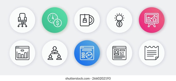 Set line Pie chart infographic, Monitor with, Browser stocks market, Resume, Light bulb dollar, Cup of tea, Notebook and Employee hierarchy icon. Vector