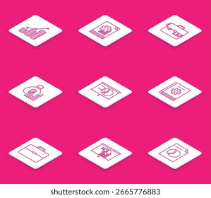 Set line Pie chart infographic and coin, Document with, Briefcase money, Money bag diagram, Board, User manual,  and  icon. Vector