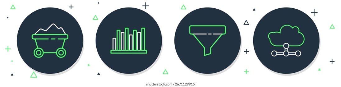 Set line Pie chart infographic, Sales funnel, Coal mine trolley and Network cloud connection icon. Vector
