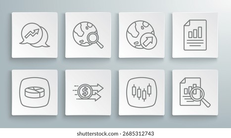 Set line Pie chart infographic, Search globe, Financial growth dollar, Browser with stocks market, Document,  and  icon. Vector