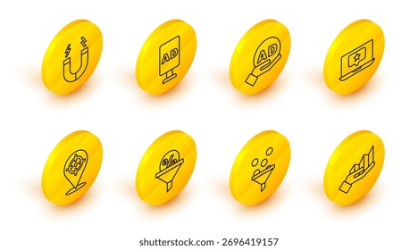 Set line Pie chart infographic, Lead management, Target, Laptop with star, Advertising,  and Magnet icon. Vector