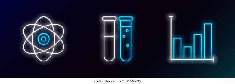 Set line Pie chart infographic, Atom and Test tube and flask chemical laboratory icon. Glowing neon. Vector