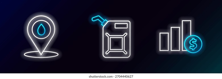 Infografía y dólar del gráfico de pastel de línea, ubicación del combustible de gasolina de recarga y bote para el icono de gasolina. Brillante neón. Vector