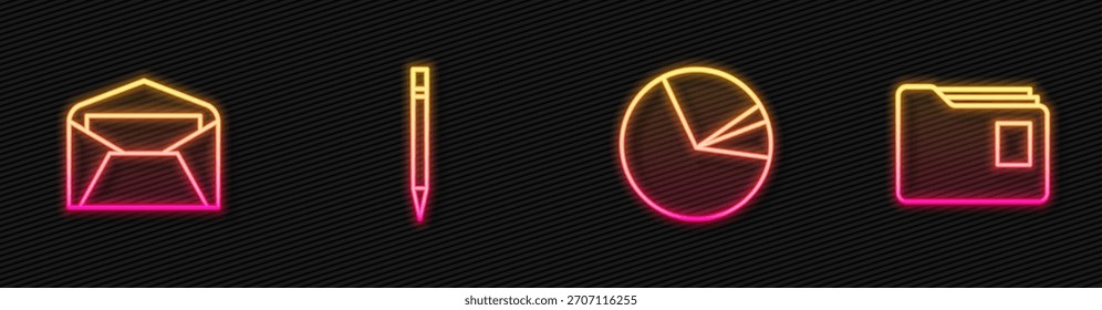 Establecer infografía de gráfico circular de línea, sobre, lápiz con borrador y carpeta de documentos. Icono de neón brillante. Vector