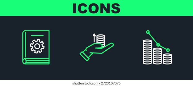 Set line Pie chart infographic and coin, User manual and Money on hand icon. Vector