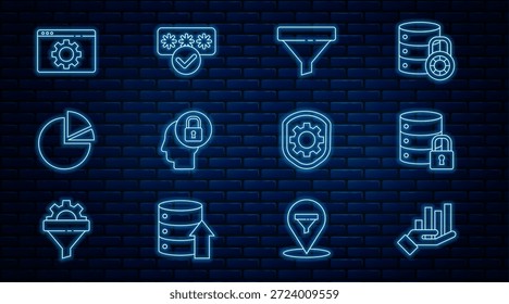 Infografía del gráfico circular, seguridad del servidor con cerradura, embudo de ventas, cabeza humana, configuración del navegador, equipo de Configuraciones de escudo e ícono de protección de Contraseñas. Vector