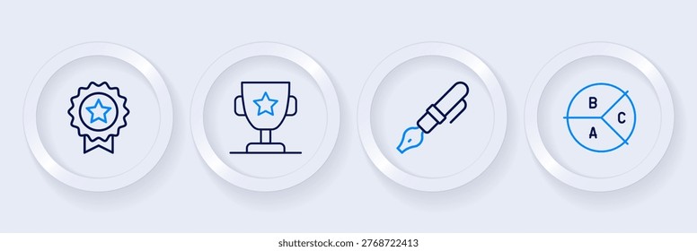 Set line Pie chart infographic, Fountain pen nib, Award cup and Medal with star icon. Vector