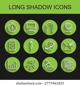 Set line Pie chart infographic, Molecule, Compass, Microscope, Pills blister pack, Syringe, Light rays prism and Planet icon. Vector