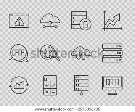 Set line Pie chart infographic, Data analysis, Server security with padlock, Calculator, Browser exclamation mark, Search globe,  and  icon. Vector