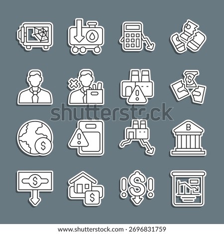 Set line Pie chart infographic, Bank building, Tearing money banknote, Calculation of expenses, Employee dismissal, Worker, Safe and Shutdown factory icon. Vector