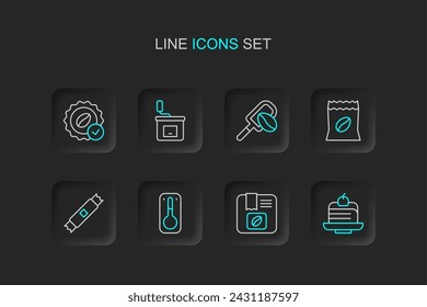 Set line Piece of cake, Bag coffee beans, Coffee thermometer, Sugar stick packets, Spatula with grain, Manual grinder and Medal for icon. Vector