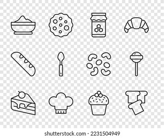 Set line Piece of cake, Bread toast, Jar honey, Chef hat, Flour bowl, Spoon, Cake and Lollipop icon. Vector