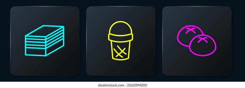 Set line Piece of cake, Bread loaf and Ice cream in waffle. Black square button. Vector