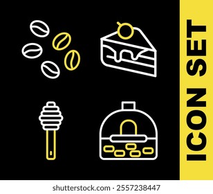 Set line Piece of cake, Brick stove, Honey dipper stick and Coffee beans icon. Vector