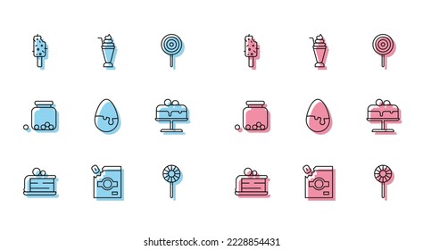 Set line Piece of cake, Candy packaging for sweets, Ice cream, Lollipop, Chocolate egg, Cake on plate, Glass jar with candies inside and Milkshake icon. Vector