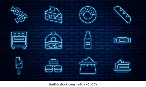 Set Linie Stück Kuchen, Candy, Donut, Backstein Ofen, Oven, Flasche mit Milch und Symbol. Vektorgrafik