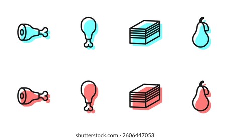 Set line Piece of cake, Chicken leg,  and Pear icon. Vector