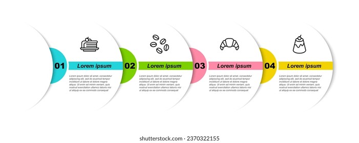 Set line Piece of cake, Coffee beans, Croissant and Pudding custard. Business infographic template. Vector