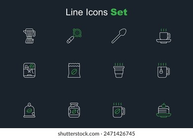 Set line Piece of cake, Coffee cup, jar bottle, Bag coffee beans, Cup tea with bag, to go,  and machine icon. Vector