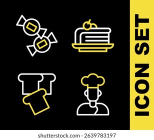 Set line Piece of cake, Cook, Bread toast and Candy icon. Vector