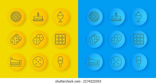 Set line Piece of cake, Cookie or biscuit, Ice cream, Waffle, Homemade pie, in bowl and Cake with burning candles icon. Vector