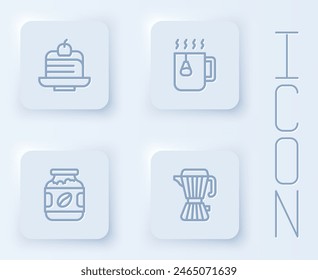 Set line Piece of cake, Cup tea with bag, Coffee jar bottle and maker moca pot. White square button. Vector