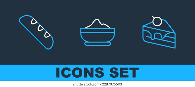 Set line Piece of cake, French baguette bread and Flour bowl icon. Vector