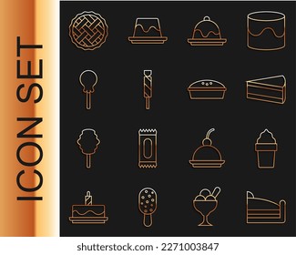 Set line Piece of cake, Ice cream in waffle cone, Cake, Candy, Lollipop, Homemade pie and  icon. Vector