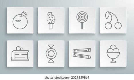 Set line Piece of cake, Ice cream, Candy, Sugar stick packets, in bowl, Lollipop, Cherry and Apple icon. Vector