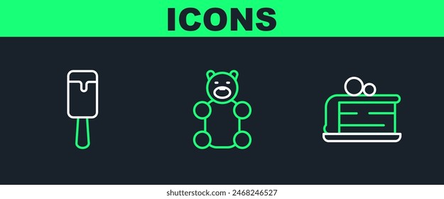 Set line Piece of cake, Ice cream and Jelly bear candy icon. Vector