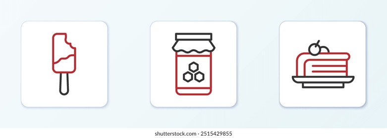 Set line Piece of cake, Ice cream and Jar honey icon. Vector